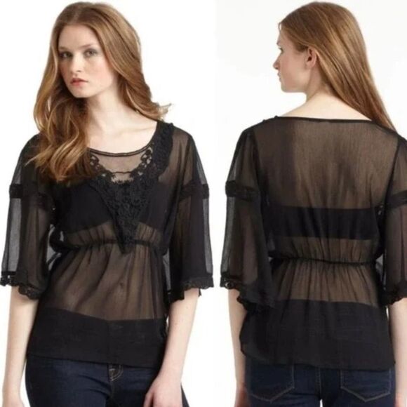 Free People Daydreamer Embroidered Sheer Batwing Blouse Black - Picture 1 of 9